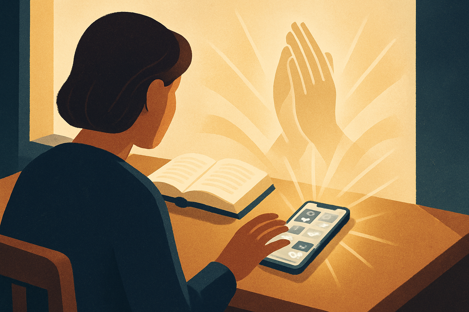 Person pausing before unlocking a smartphone, framed by an open Bible and prayer imagery.