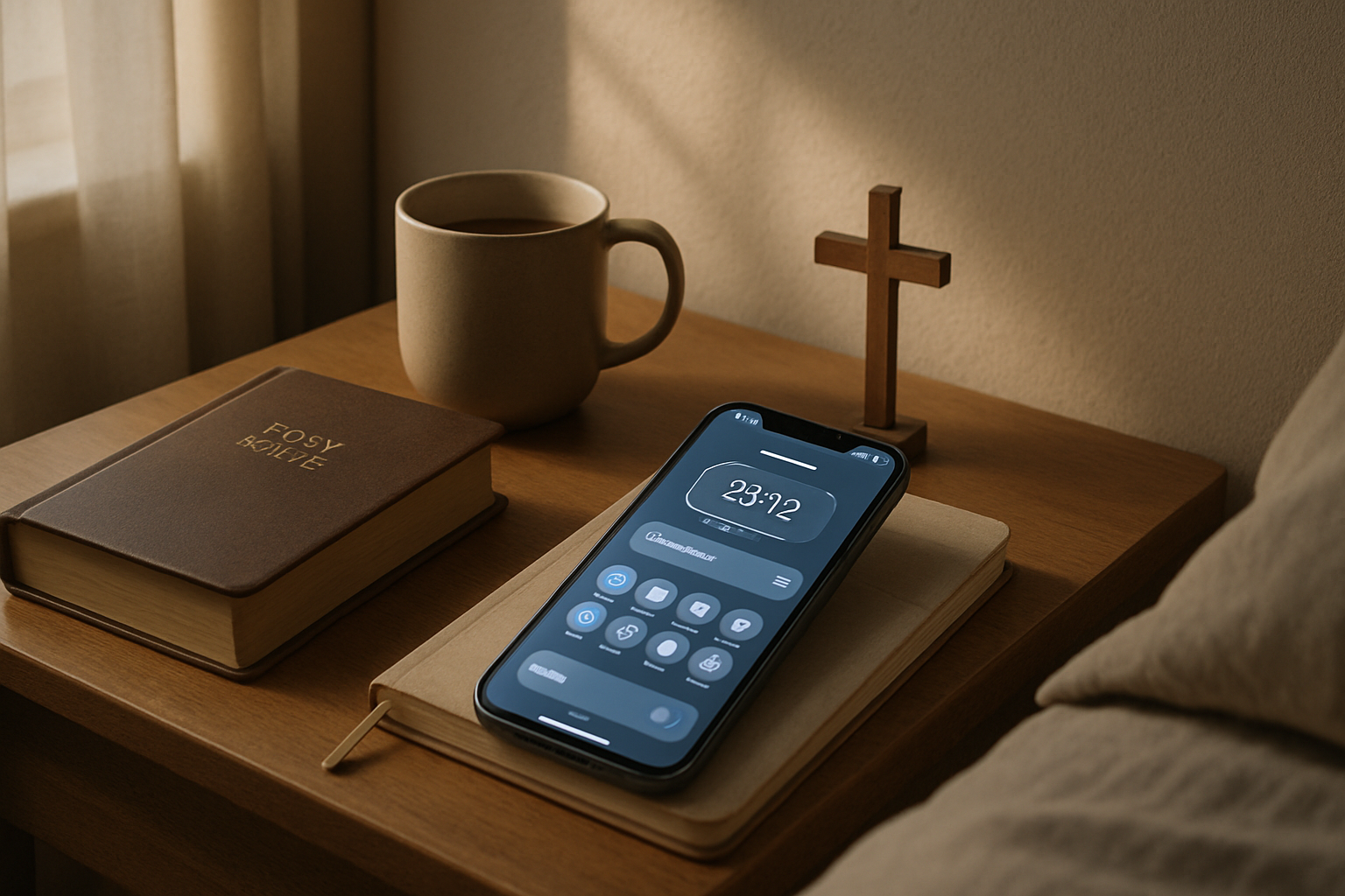 An iPhone on a nightstand beside a Bible and cross, showing a generic app-blocking interface in soft morning light.