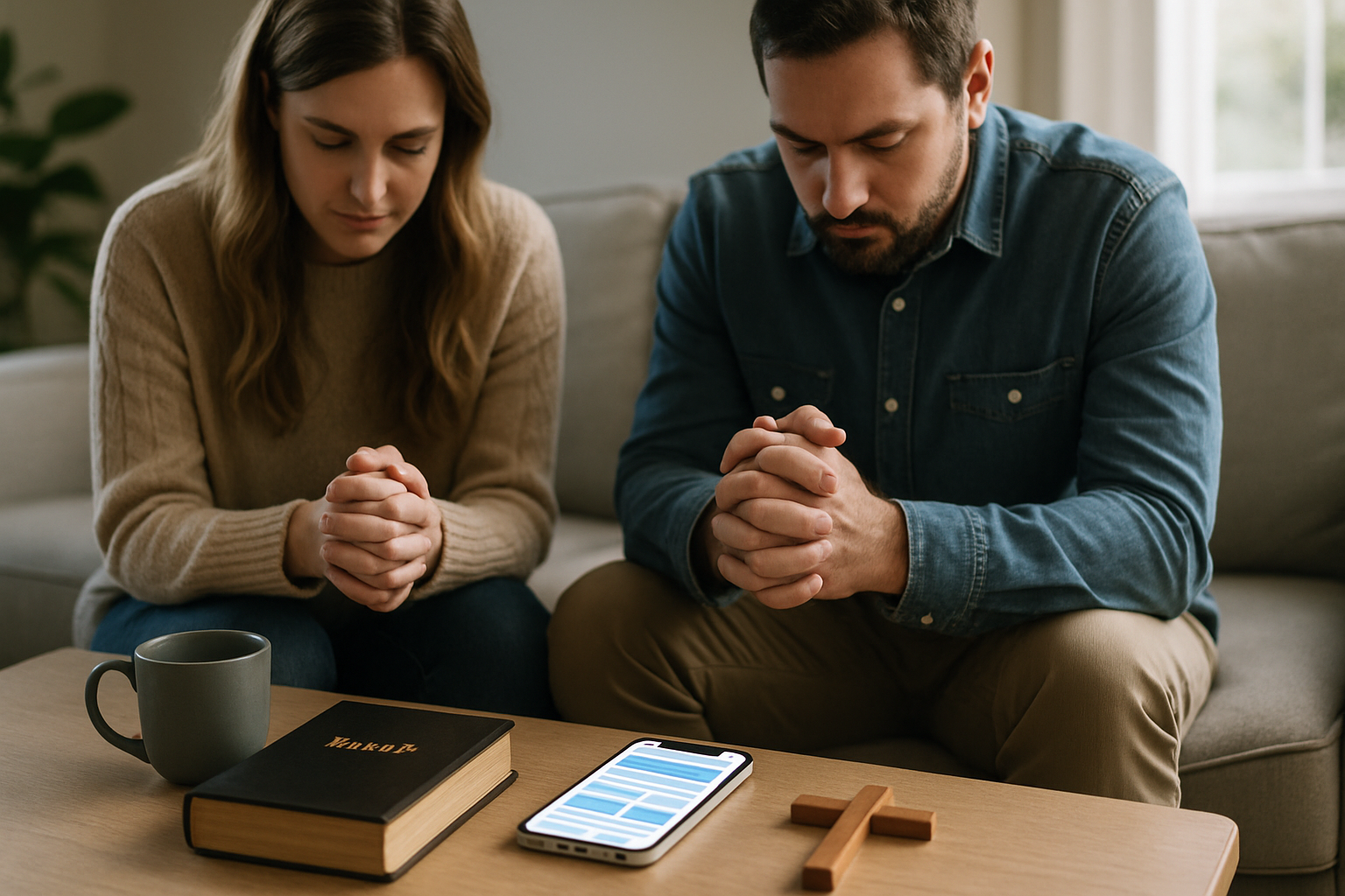 A Christian couple’s phone use and prayer practice shown in a calm living room with a bright iPhone displaying a generic app interface.
