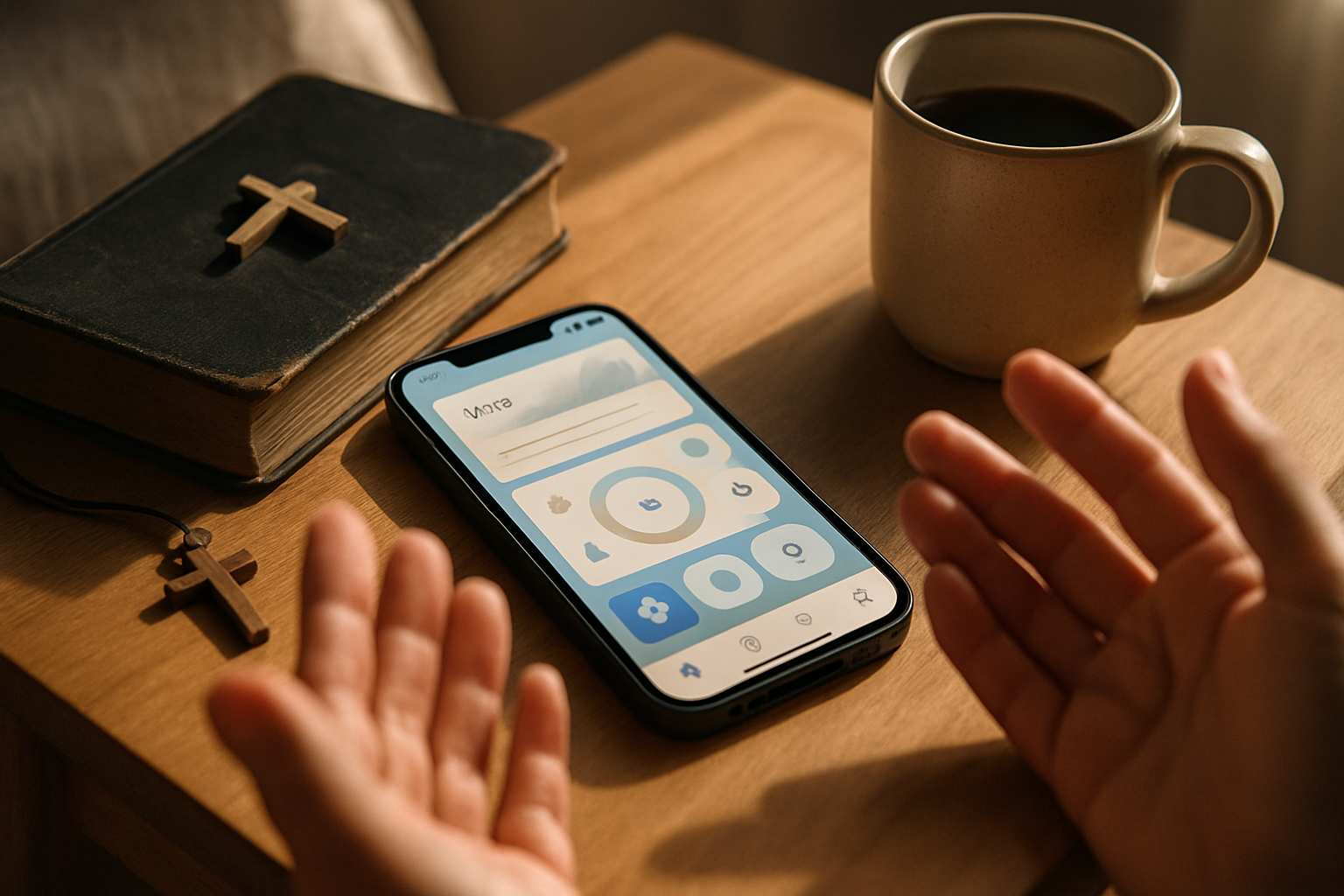 A sunlit bedside scene with an iPhone displaying a prayer and focus app beside a Bible and coffee mug.