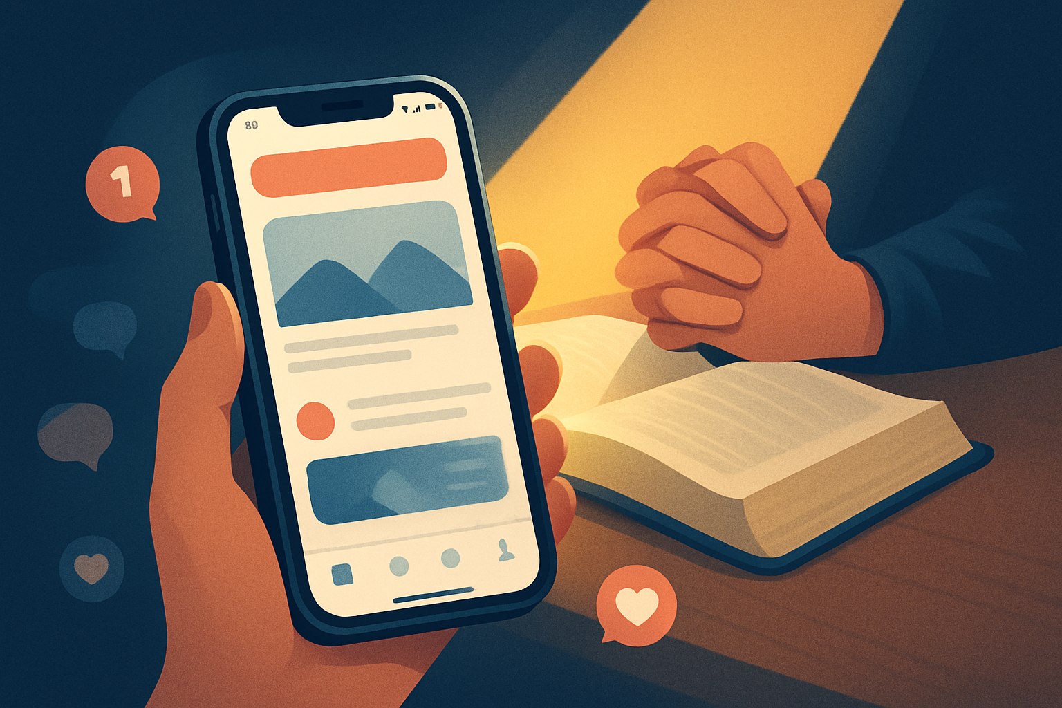 Illustration of a hand holding a smartphone with social media on screen as prayer light and an open Bible redirect attention away from distraction.