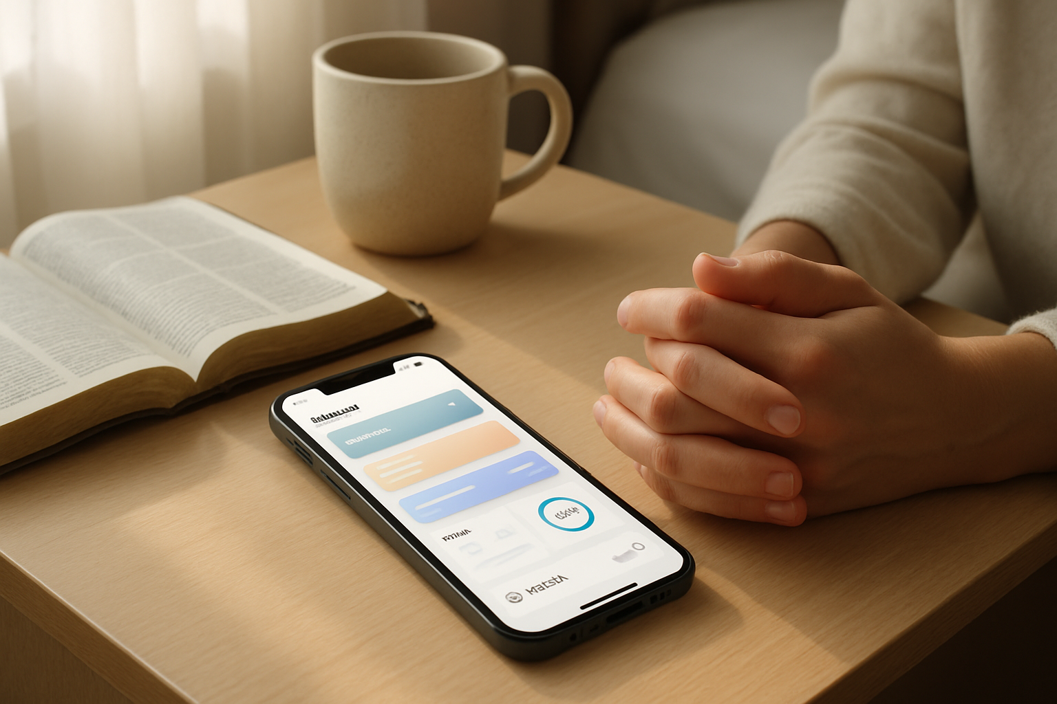 An iPhone on a bedside table beside an open Bible and mug, displaying a bright generic prayer app interface in soft morning light.