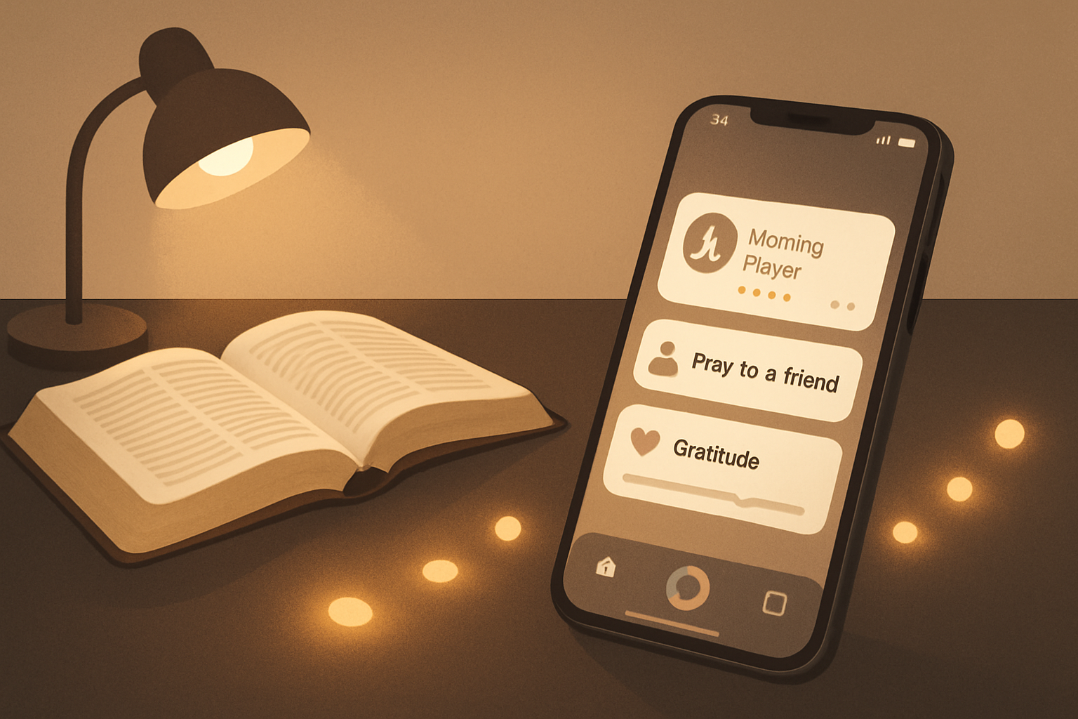 Illustration of an iPhone prayer habit app beside a Bible, showing a shift from distraction to intentional prayer.