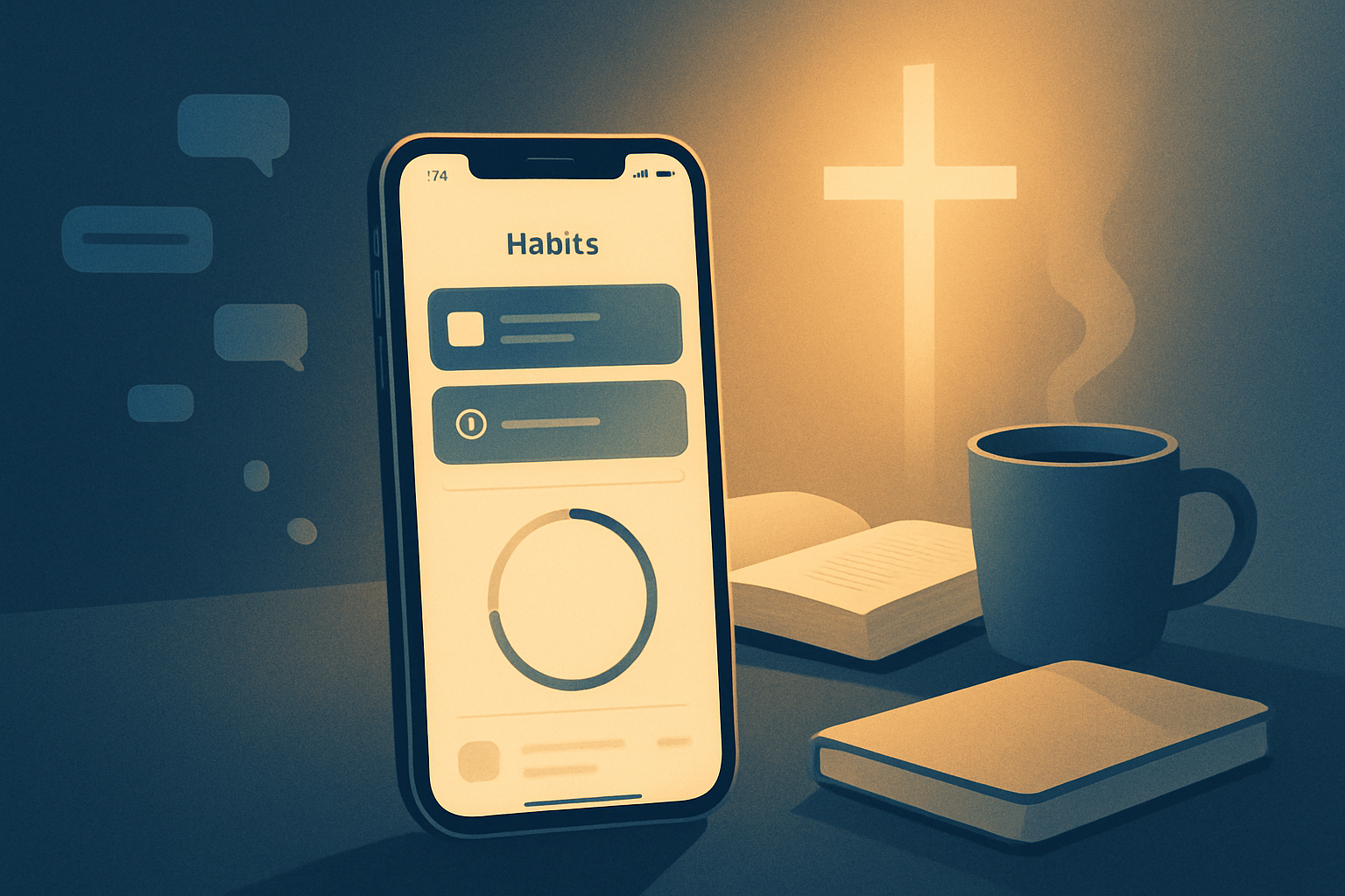 An iPhone with a focus app interface beside a peaceful prayer setup, with distractions fading away.