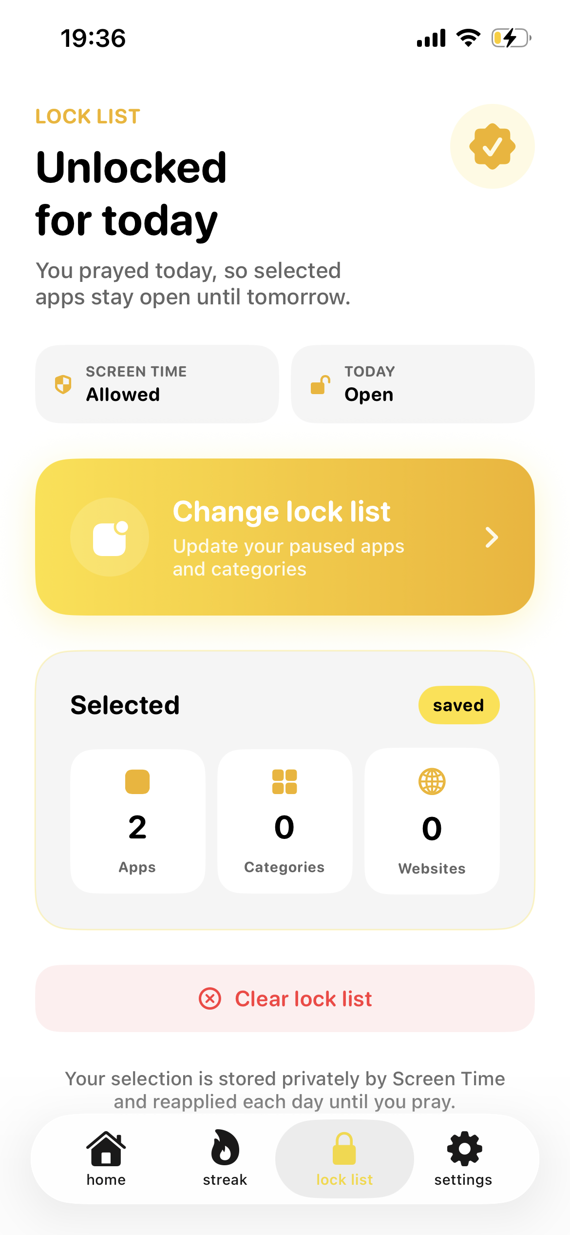 The Lumen app lock list